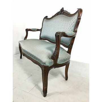 ANTICO DIVANO DIVANETTO STILE LUIGI FILIPPO LEGNO NOCE EPOCA 1900 AZZURRO SOFA'
