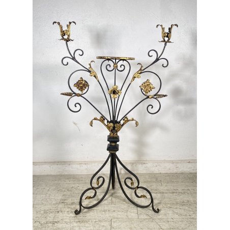 ANTICO PORTACERO FERRO BATTUTO 1800 DORATO CANDELIERE TRESPOLO BAROCCO EPOCA