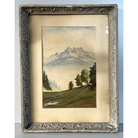 ANTICO QUADRO ACQUERELLO Emile Gissler PAESAGGIO ALPINO MONTAGNA ALPI SVIZZERA