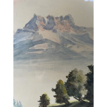 ANTICO QUADRO ACQUERELLO Emile Gissler PAESAGGIO ALPINO MONTAGNA ALPI SVIZZERA