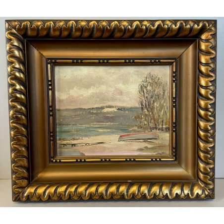 ANTICO DIPINTO OLIO BARCA SPIAGGIA PAESAGGIO LACUSTRE Lago Maggiore Verbania 900