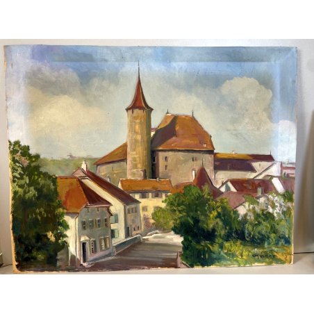ANTICO DIPINTO OLIO CARTONE Motett PAESAGGIO NORDICO BORGO CASTELLO SVIZZERA 900
