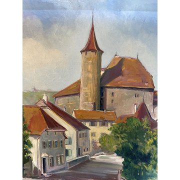 ANTICO DIPINTO OLIO CARTONE Motett PAESAGGIO NORDICO BORGO CASTELLO SVIZZERA 900