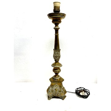 ANTICO CANDELIERE LAMINA OTTONE DECORO SBALZO CANDELABRO ELETTRIFICATO EPOCA XIX