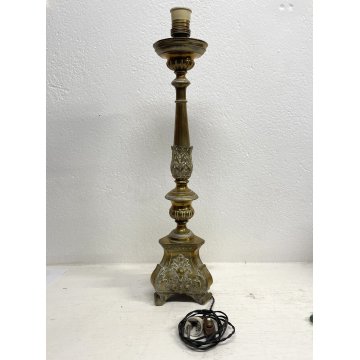 ANTICO CANDELIERE LAMINA OTTONE DECORO SBALZO CANDELABRO ELETTRIFICATO EPOCA XIX