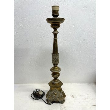 ANTICO CANDELIERE LAMINA OTTONE DECORO SBALZO CANDELABRO ELETTRIFICATO EPOCA XIX