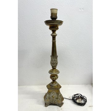 ANTICO CANDELIERE LAMINA OTTONE DECORO SBALZO CANDELABRO ELETTRIFICATO EPOCA XIX