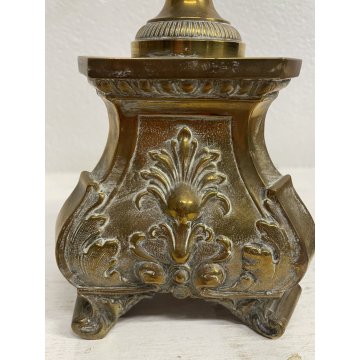 ANTICO CANDELIERE LAMINA OTTONE DECORO SBALZO CANDELABRO ELETTRIFICATO EPOCA XIX