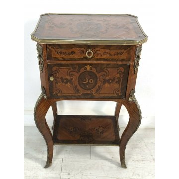 ANTICO COMODINO LUIGI XV INTARSIATO UN CASSETTO UN'ANTA DECORATO OTTONE 1900  