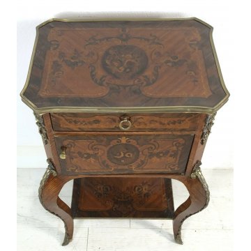 ANTICO COMODINO LUIGI XV INTARSIATO UN CASSETTO UN'ANTA DECORATO OTTONE 1900  