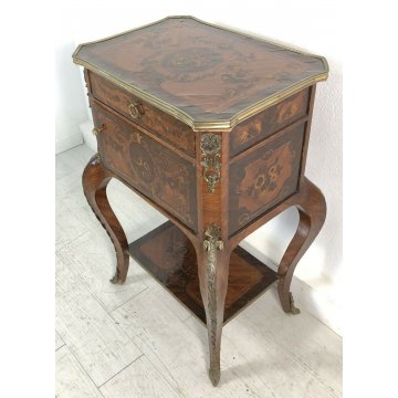 ANTICO COMODINO LUIGI XV INTARSIATO UN CASSETTO UN'ANTA DECORATO OTTONE 1900  