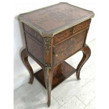 ANTICO COMODINO LUIGI XV INTARSIATO UN CASSETTO UN'ANTA DECORATO OTTONE 1900  