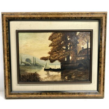 ANTICO QUADRO DIPINTO OLIO CARTONE GIUSEPPE SOLENGHI PAESAGGIO LAGO BAITA BOSCO