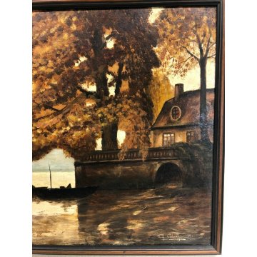 ANTICO QUADRO DIPINTO OLIO CARTONE GIUSEPPE SOLENGHI PAESAGGIO LAGO BAITA BOSCO