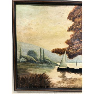 ANTICO QUADRO DIPINTO OLIO CARTONE GIUSEPPE SOLENGHI PAESAGGIO LAGO BAITA BOSCO