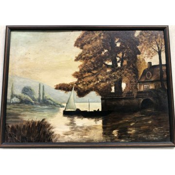 ANTICO QUADRO DIPINTO OLIO CARTONE GIUSEPPE SOLENGHI PAESAGGIO LAGO BAITA BOSCO