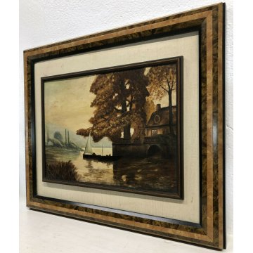 ANTICO QUADRO DIPINTO OLIO CARTONE GIUSEPPE SOLENGHI PAESAGGIO LAGO BAITA BOSCO