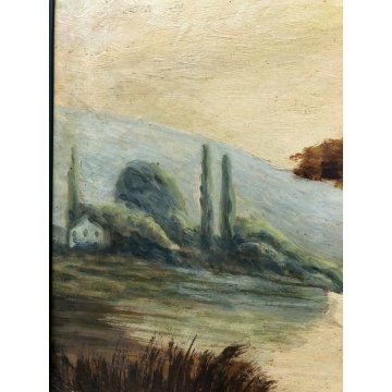 ANTICO QUADRO DIPINTO OLIO CARTONE GIUSEPPE SOLENGHI PAESAGGIO LAGO BAITA BOSCO