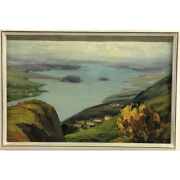 ANTICO QUADRO DIPINTO OLIO TELA PAESAGGIO LAGO ORTA PINO PESSINA DA CASTANEDO 