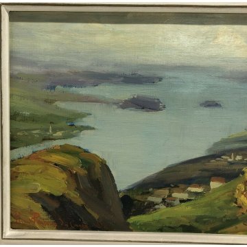 ANTICO QUADRO DIPINTO OLIO TELA PAESAGGIO LAGO ORTA PINO PESSINA DA CASTANEDO 