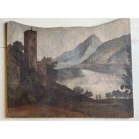 ANTICO GRANDE DIPINTO OLIO PAESAGGIO LACUSTRE TORRE CAMPANARIA Chiesa 128x101 cm