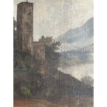 ANTICO GRANDE DIPINTO OLIO PAESAGGIO LACUSTRE TORRE CAMPANARIA Chiesa 128x101 cm