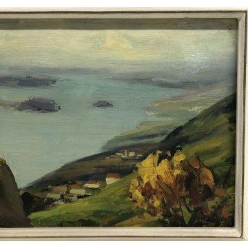 ANTICO QUADRO DIPINTO OLIO TELA PAESAGGIO LAGO ORTA PINO PESSINA DA CASTANEDO 