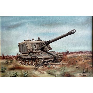 QUADRO DIPINTO OLIO aCorbetta (?) PAESAGGIO con CARRO ARMATO SCENA MILITARE '900