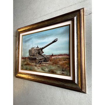 QUADRO DIPINTO OLIO aCorbetta (?) PAESAGGIO con CARRO ARMATO SCENA MILITARE '900