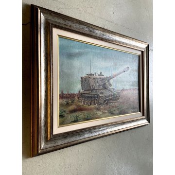 QUADRO DIPINTO OLIO aCorbetta (?) PAESAGGIO con CARRO ARMATO SCENA MILITARE '900