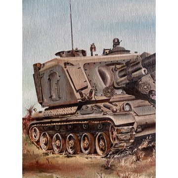 QUADRO DIPINTO OLIO aCorbetta (?) PAESAGGIO con CARRO ARMATO SCENA MILITARE '900