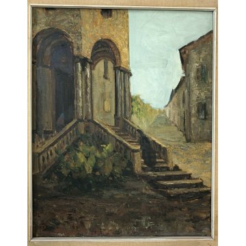 ANTICO QUADRO DIPINTO OLIO TELA ENTRATA CHIESA SUORA PINO PESSINA DA CASTANEDO