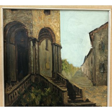 ANTICO QUADRO DIPINTO OLIO TELA ENTRATA CHIESA SUORA PINO PESSINA DA CASTANEDO