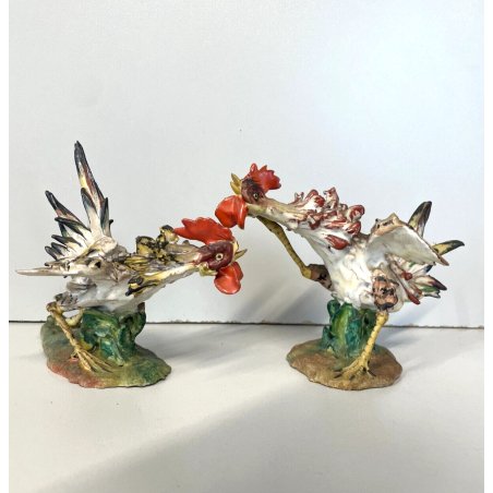 COPPIA SCULTURA CERAMICA GALLI in COMBATTIMENTO Manifattura Carbet FIRENZE 1950