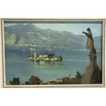 ANTICO QUADRO DIPINTO OLIO TELA PAESAGGIO LAGO ORTA PINO PESSINA DA CASTANEDO 
