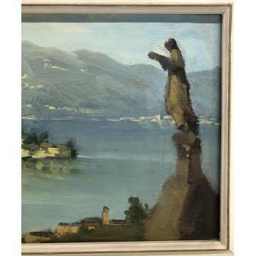 ANTICO QUADRO DIPINTO OLIO TELA PAESAGGIO LAGO ORTA PINO PESSINA DA CASTANEDO 