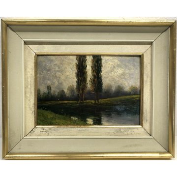 ANTICO QUADRO DIPINTO OLIO TELA 2 ALBERI PAESAGGIO E. M. CASAZZA ALFREDO CASSONE