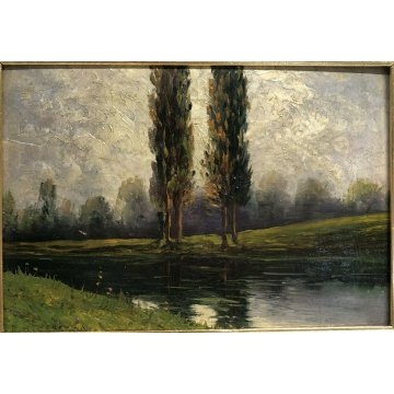 ANTICO QUADRO DIPINTO OLIO TELA 2 ALBERI PAESAGGIO E. M. CASAZZA ALFREDO CASSONE
