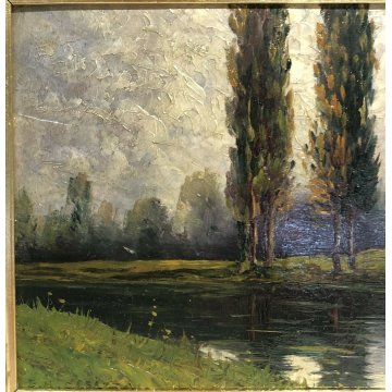 ANTICO QUADRO DIPINTO OLIO TELA 2 ALBERI PAESAGGIO E. M. CASAZZA ALFREDO CASSONE