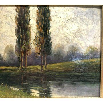 ANTICO QUADRO DIPINTO OLIO TELA 2 ALBERI PAESAGGIO E. M. CASAZZA ALFREDO CASSONE