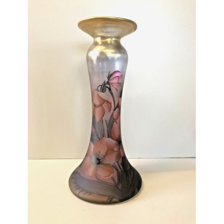 VASO VINTAGE VETRO SOFFIATO DECORO FIORI FOGLIE ORO ZECCHINO STILE Liberty  '87