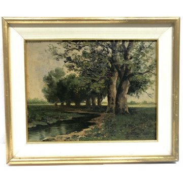 ANTICO QUADRO DIPINTO OLIO TELA ALBERI PRATO NATURA PAESAGGIO ALFREDO CASSONE 