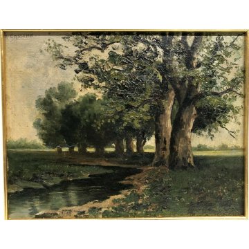 ANTICO QUADRO DIPINTO OLIO TELA ALBERI PRATO NATURA PAESAGGIO ALFREDO CASSONE 