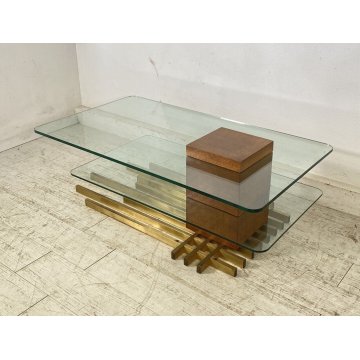 TAVOLINO SALOTTO DESIGN DUE RIPIANI VETRO OTTONE LEGNO SMALL TABLE 1970 VINTAGE