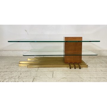 TAVOLINO SALOTTO DESIGN DUE RIPIANI VETRO OTTONE LEGNO SMALL TABLE 1970 VINTAGE