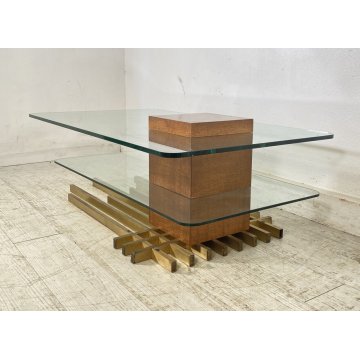 TAVOLINO SALOTTO DESIGN DUE RIPIANI VETRO OTTONE LEGNO SMALL TABLE 1970 VINTAGE