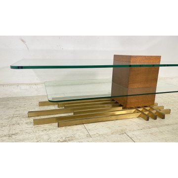 TAVOLINO SALOTTO DESIGN DUE RIPIANI VETRO OTTONE LEGNO SMALL TABLE 1970 VINTAGE