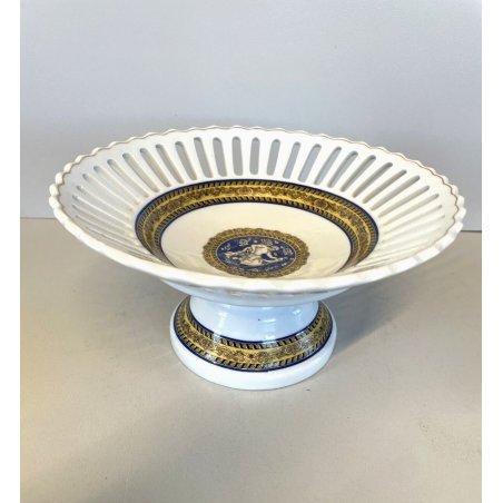 ANTICO PIATTO ALZATA PORCELLANA BIANCA DECORO TRAFORATO BLU ORO ø 21x 10,5 cm/h
