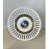 ANTICO PIATTO ALZATA PORCELLANA BIANCA DECORO TRAFORATO BLU ORO ø 21x 10,5 cm/h
