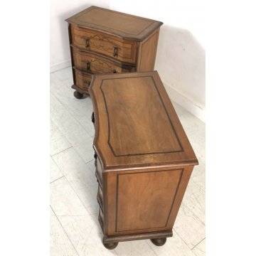 ANTICA COPPIA COMODINO INTARSIATO IMPELLICCIATI LEGNO NOCE 3 CASSETTI ANNI 50 